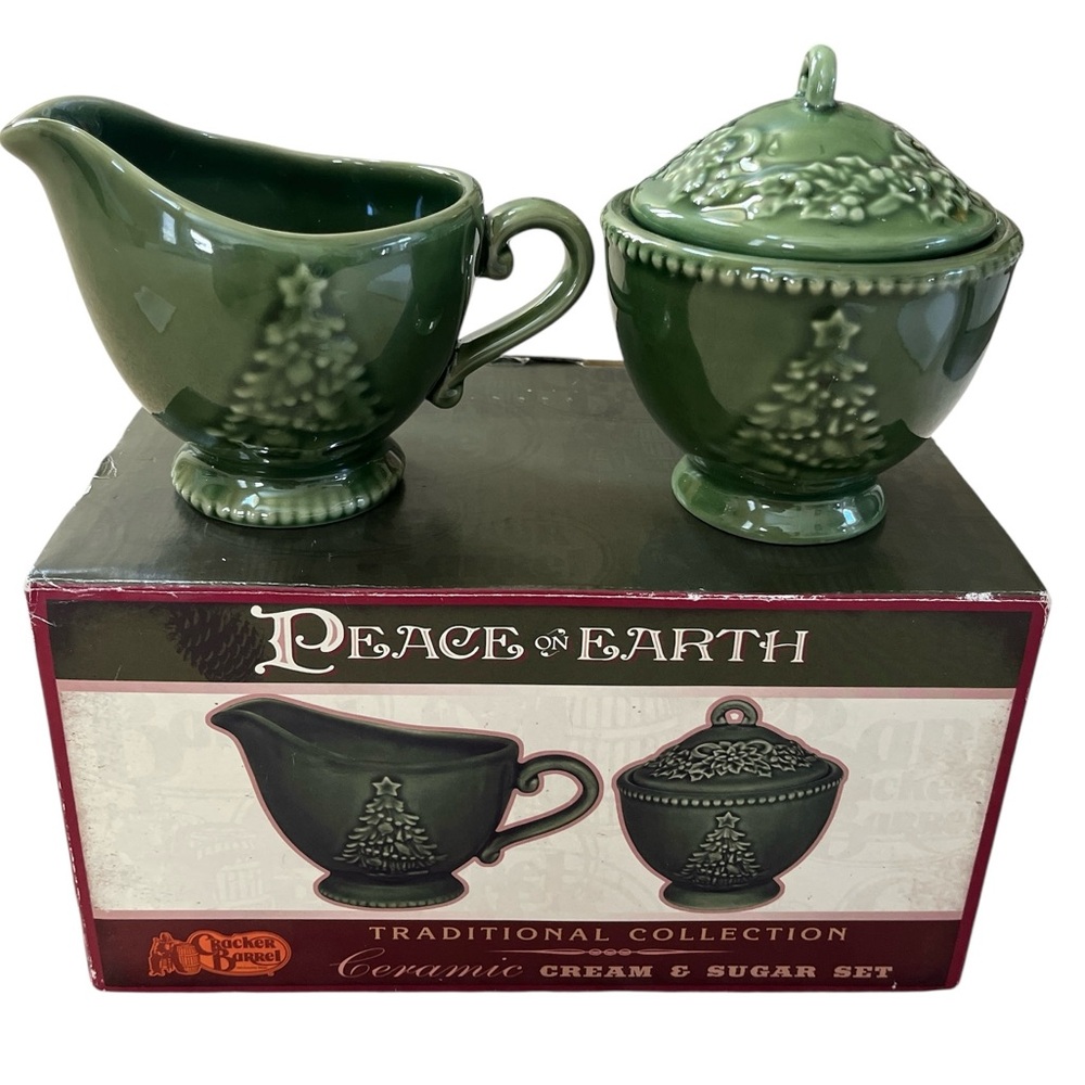 Cracker Barrel Green Ceramic Cream & Sugar Set with Christmas Tree Design